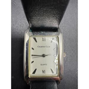 Vtg Charter Club Women’s Tank Quartz Watch Genuine Black Leather Band 24mm